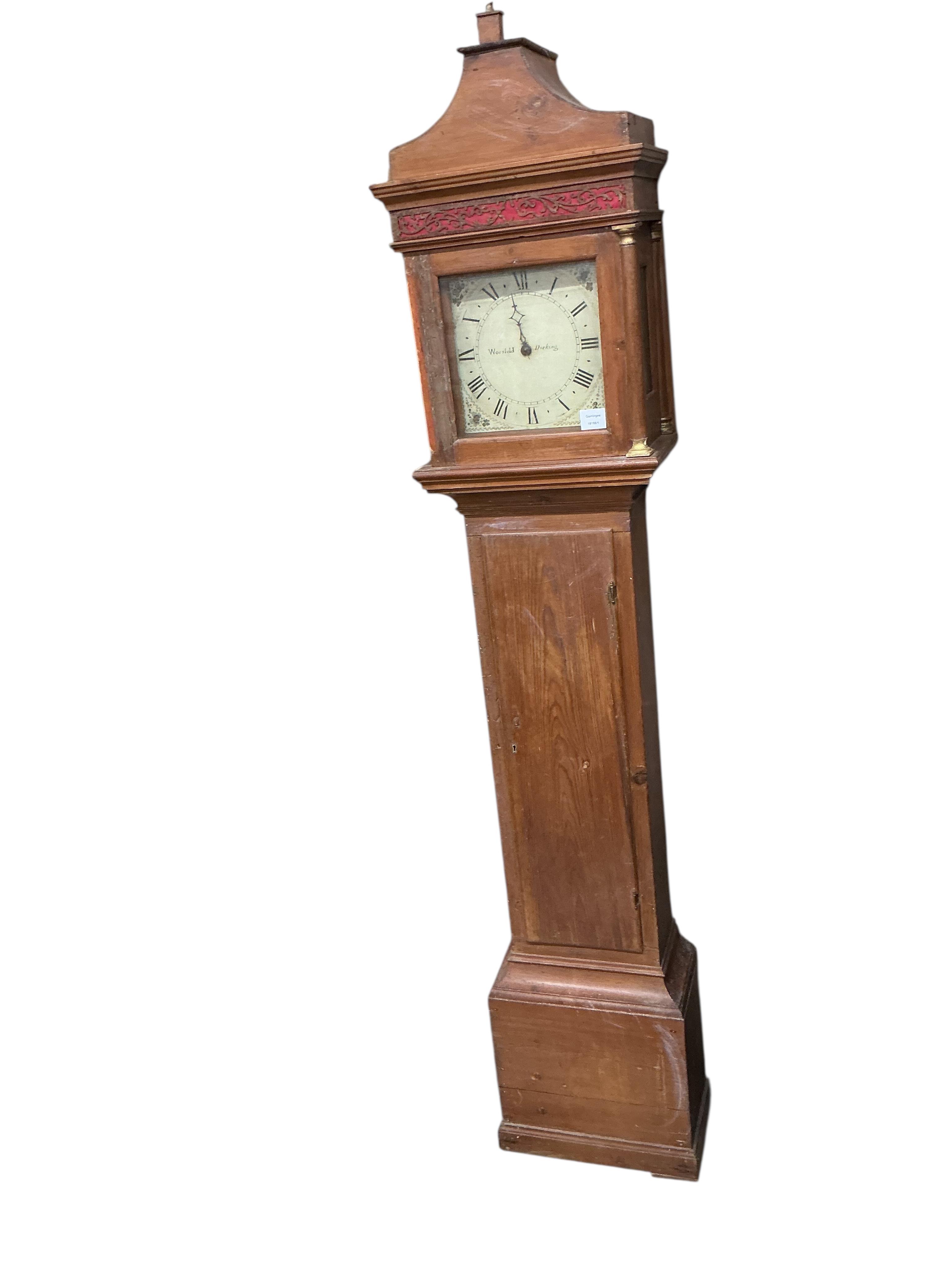 An early 19th century pine thirty hour longcase clock, height 208cm